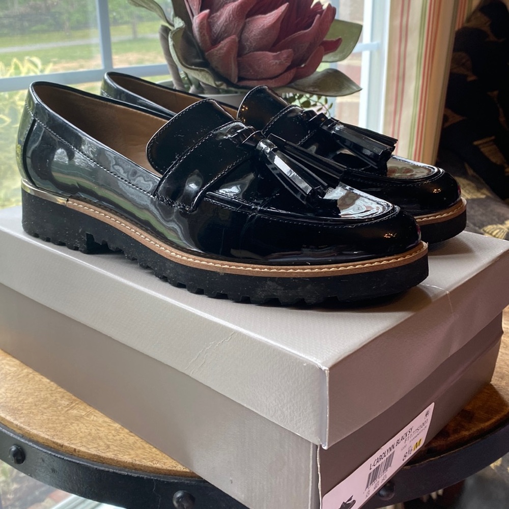 Franco Sarto, patent black loafers, size 8.5